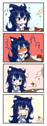 Rule 34 | 1girl, 4koma, = =, ?, ^^^, bare arms, blue bow, blue eyes, blue hair, blush, bow, cherry, chibi, closed mouth, comic, commentary request, cup, curry, curry rice, debt, drinking glass, eating, food, fruit, hair between eyes, hair bow, hand on own cheek, hand on own face, hands up, happy, highres, holding, holding cup, holding drinking glass, hood, hood down, hoodie, jakomurashi, long hair, no nose, nose blush, o o, open mouth, plate, pudding, rice, short sleeves, silent comic, smile, solo focus, sparkle, surprised, table, touhou, upper body, whipped cream, yorigami shion