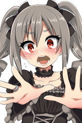 Rule 34 | 10s, 1girl, blush, dress, drill hair, embarrassed, hair ribbon, highres, idolmaster, idolmaster cinderella girls, jewelry, kanzaki ranko, long hair, looking at viewer, ochazuke, open mouth, red eyes, ribbon, ring, silver hair, solo, twin drills, twintails