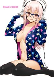 Rule 34 | 1girl, :p, bespectacled, blush, breasts, breasts apart, cleavage, glasses, headphones, highres, large breasts, long hair, naitou kuro, navel, nitroplus, no bra, no panties, open clothes, open shirt, pink eyes, pink hair, red eyes, shiny skin, shirt, sitting, solo, star (symbol), star print, super sonico, thighhighs, tongue, tongue out, wariza