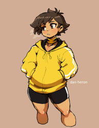 Rule 34 | 1girl, alternate costume, bike shorts, black hair, breath, brown eyes, casual, commentary, cropped legs, dan heron, english commentary, flat chest, hands in pockets, hood, hoodie, makoto (street fighter), neckerchief, short hair, solo, standing, street fighter, tan, tomboy