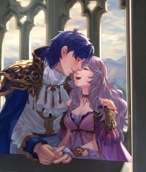 Rule 34 | 1boy, 1girl, :d, armor, asagi (banzoku210), ascot, blue hair, breasts, bridal gauntlets, circlet, cleavage, closed eyes, cloud, cloudy sky, collar, collarbone, couple, deirdre (fire emblem), fire emblem, fire emblem: genealogy of the holy war, hetero, highres, holding hands, husband and wife, light purple hair, long hair, long sleeves, looking at another, medium breasts, nintendo, open mouth, shoulder armor, sigurd (fire emblem), sky, smile, upper body