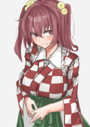 Rule 34 | 1girl, absurdres, beads, blush, breasts, brown hair, checkered clothes, checkered kimono, collar, frilled collar, frills, hair beads, hair ornament, highres, japanese clothes, kimono, kuraki, large breasts, looking at viewer, motoori kosuzu, own hands together, simple background, smile, solo, touhou, two-tone kimono, two side up, white background, wide sleeves