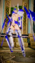 Rule 34 | 1girl, 3d, absurdres, armor, artist request, bikini armor, blazblue, blonde hair, breasts, crotch plate, cyborg, highres, mu-12, revealing clothes, small breasts, sword, weapon