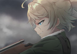 Rule 34 | 1girl, ahoge, aiming, black gloves, blonde hair, blue eyes, cloud, cloudy sky, commentary request, from side, fur collar, gloves, grin, gun, holding, holding gun, holding weapon, makoto (bk69and7), outdoors, parted lips, profile, short hair, sky, smile, solo, tanya degurechaff, upper body, v-shaped eyebrows, weapon, youjo senki
