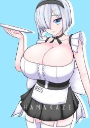 Rule 34 | 1girl, back bow, black hairband, blue eyes, bob cut, bow, breasts, cleavage, collarbone, frills, garter straps, hair ornament, hair over one eye, hairband, hairclip, hamakaze (kancolle), huge breasts, kantai collection, maid, nantene, neck ribbon, open mouth, plate, ribbon, short hair, sleeveless, solo, thighhighs, thighs, tray, white hair, white thighhighs