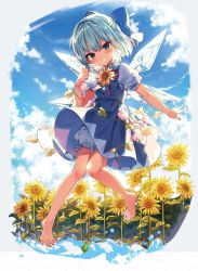 Rule 34 | barefoot, bloomers, blue bow, blue dress, blue eyes, blue hair, blue sky, blue wings, bow, cirno, cloud, cloudy sky, collared shirt, dress, fairy, flower, full body, grin, hair bow, highres, ice, ice wings, official art, pinafore dress, plant, puffy short sleeves, puffy sleeves, red ribbon, ribbon, shirt, shnva, short hair, short sleeves, sky, sleeveless, sleeveless dress, smile, sunflower, tan, tanned cirno, toenails, toes, touhou, underwear, v-shaped eyebrows, vines, white bloomers, wings