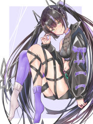 Rule 34 | 1girl, asymmetrical legwear, black hair, black jacket, black ribbon, black shirt, blouse, blush, breasts, cleavage, closed mouth, commentary request, crop top, cross-laced clothes, cross-laced sleeves, demon girl, demon horns, demon tail, full body, haizanhei, heart, heart print, highres, horns, jacket, jewelry, kojo anna, kojo anna (1st costume), leg ribbon, long hair, long sleeves, looking at viewer, medium breasts, midriff, mismatched legwear, multicolored hair, nanashi inc., navel, no shoes, off shoulder, open clothes, open jacket, pointy ears, print shirt, purple hair, purple socks, ribbon, ring, russian text, see-through, see-through cleavage, see-through shirt, shirt, single thighhigh, sleeveless, sleeveless shirt, smile, socks, solo, sugar lyric, tail, thigh strap, thighhighs, twintails, two-tone hair, virtual youtuber, white socks, yellow eyes
