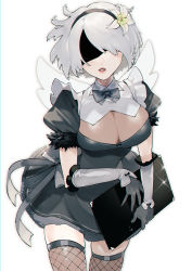 Rule 34 | 1girl, absurdres, blindfold, breasts, cleavage, covered eyes, energy wings, flower, hair flower, hair ornament, hair over one eye, highres, holding, holding menu, large breasts, menu, mini wings, nier (series), nier:automata, shishamo 712, silver hair, skindentation, solo, thighhighs, white background, wings, 2b (nier:automata)