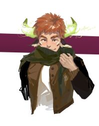 Rule 34 | 1boy, animal ears, blush, brown eyes, brown hair, cow boy, cow ears, cow horns, cropped torso, dichuan (arriverw), ears down, eye black, facial hair, fiery horns, forked eyebrows, glowing horns, goatee, highres, horns, jacket, looking at viewer, male focus, open clothes, open jacket, revision, scarf, short hair, smile, solo, thick eyebrows, tokyo houkago summoners, two-tone background, upper body, wakan tanka