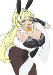 Rule 34 | 1girl, :d, absurdres, animal ears, black gloves, black leotard, blonde hair, bow, bowtie, breasts, brown pantyhose, cleavage, cowboy shot, detached collar, earrings, fake animal ears, fang, fujisaki subaru, gloves, goddess of victory: nikke, green eyes, hair intakes, hair ornament, highleg, highleg leotard, highres, huge breasts, jewelry, leotard, long hair, official alternate costume, one eye closed, open mouth, pantyhose, playboy bunny, ponytail, rabbit ears, rupee (nikke), rupee (rabbit deluxe) (nikke), simple background, skin fang, smile, solo, strapless, strapless leotard, v over eye, white background, yellow bow, yellow bowtie