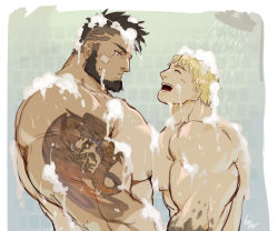 Rule 34 | 2boys, abs, bandaid, bandaid on cheek, bandaid on face, bara, beard, black eyes, black hair, blonde hair, blush, character request, completely nude, cyphers, damian doyle (cyphers), dark-skinned male, dark skin, facial hair, foam, from side, gomtang, large pectorals, male focus, mature male, mohawk, multiple boys, muscular, muscular male, nipples, nude, pectoral docking, pectoral press, pectorals, profile, same-sex bathing, scar, scar across eye, scar on face, shared bathing, short hair, sideburns, smile, wet, yaoi