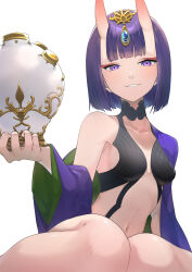 Rule 34 | 1girl, absurdres, blush, bob cut, breasts, commentary request, eyeliner, fate/grand order, fate (series), gourd, headpiece, highres, horns, japanese clothes, kimono, looking at viewer, makeup, navel, oni, open clothes, open kimono, parted lips, purple eyes, purple hair, purple kimono, revealing clothes, short hair, shuten douji (fate), simple background, skin-covered horns, small breasts, smile, solo, terasako, white background