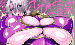 Rule 34 | 1girl, bash-inc, blue eyes, blush, breasts, bursting breasts, cleavage, covered erect nipples, highres, huge breasts, isabella valentine, lactation, lactation through clothes, lipstick, makeup, milk, namco, puffy nipples, purple lips, short hair, silver hair, soul calibur, soulcalibur, soulcalibur iv