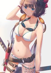 Rule 34 | 1girl, arm up, bare shoulders, belt, bikini, blue eyes, blunt bangs, blush, breasts, brown hair, buckle, cleavage, closed mouth, collarbone, commentary request, cowboy shot, fate/grand order, fate (series), goggles, goggles around neck, gradient background, grey background, hair ornament, highres, holster, katsushika hokusai (fate), katsushika hokusai (swimsuit saber) (fate), long hair, looking at viewer, low twintails, medium breasts, navel, poligon (046), sheath, smile, solo, stomach, swimsuit, sword, thigh holster, twintails, weapon, white bikini, wristband