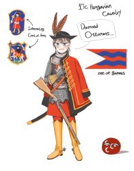 Rule 34 | absurdres, antique firearm, armor, blue eyes, boots, brown hair, chainmail, coat of arms, countryball, cuirass, english text, feather hair ornament, feathers, firearm, firelock, flag, flintlock, gulyas, gun, hair ornament, highres, hungary, military, military uniform, musket, pelisse, saber (weapon), spurs, sword, turkey (country), uniform, weapon