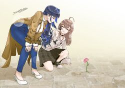 Rule 34 | 2girls, ahoge, black choker, blue pants, brown coat, brown hair, choker, coat, denim, flower, hair intakes, highres, hololive, hololive english, jeans, jewelry, long hair, multicolored hair, multiple girls, nanashi mumei, nanashi mumei (casual), nkmiyahara, official alternate costume, official alternate hairstyle, ouro kronii, ouro kronii (casual), pants, shirt, streaked hair, sweater, sweater tucked in, trench coat, virtual youtuber