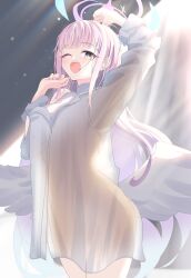 Rule 34 | 1girl, :o, angel wings, arm up, backlighting, blue archive, blunt bangs, blurry, blurry background, blush, borrowed character, breasts, bright pupils, commentary, cowboy shot, curtains, curvy, dress shirt, feathered wings, halo, hand up, highres, indoors, kazu (kauk3753), large breasts, long hair, long sleeves, looking at viewer, mika (blue archive), one eye closed, open mouth, oversized clothes, oversized shirt, pink hair, pink halo, shirt, sleepy, solo, sunlight, tears, teeth, upper teeth only, very long hair, white pupils, white shirt, white wings, wings, yawning, yellow eyes