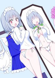 Rule 34 | 1girl, :o, artistic error, ass, bad reflection, braid, breasts, commentary request, dutch angle, feet out of frame, flower, gluteal fold, hands on own chest, highres, izayoi sakuya, looking at viewer, maid headdress, medium breasts, medium hair, mirror, open mouth, pink eyes, pink flower, reflection, shiisuu rattamu, silver hair, simple background, solo, touhou