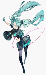 Rule 34 | 1girl, absurdres, blue hair, blush, commentary request, full body, gloves, hatsune miku, highres, holding, holding megaphone, karasu btk, koi wa sensou (vocaloid), long hair, looking at viewer, megaphone, open mouth, pantyhose, short sleeves, simple background, skirt, solo, teeth, tongue, twintails, vocaloid, white background