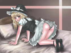 Rule 34 | 1girl, all fours, bed, blonde hair, blush, commentary request, hat, kirisame marisa, legs, long hair, looking back, open mouth, panties, partial commentary, photoshop (medium), pillow, ribbon, solo, striped clothes, striped panties, touhou, underwear, witch hat, yuu (hi lite)