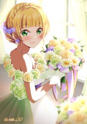 Rule 34 | 1girl, absurdres, alternate hairstyle, blonde hair, blush, bouquet, daisy, dress, flower, from side, green eyes, green flower, hair flower, hair ornament, heanna sumire, highres, holding, holding bouquet, light, looking at viewer, looking back, love live!, love live! superstar!!, nota ika, off-shoulder dress, off shoulder, purple flower, purple rose, rose, smile, solo, twitter username, white dress, white flower, white rose, window, yellow flower, yellow rose