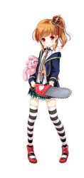 Rule 34 | 1girl, :o, amari akari, blazer, chainsaw, collared shirt, crown, full body, girlfriend (kari), holding, jacket, long sleeves, mini crown, multicolored hair, nail polish, official art, open mouth, patterned legwear, pigeon-toed, plaid, plaid skirt, qp:flapper, red eyes, red footwear, school uniform, shirt, shoes, side ponytail, skirt, solo, standing, streaked hair, striped clothes, striped thighhighs, thighhighs, tongue, transparent background, weapon, white shirt, zettai ryouiki