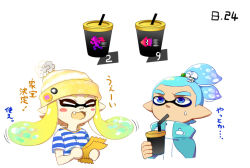 Rule 34 | 1boy, 1girl, aqua hair, beanie, blonde hair, blue eyes, blunt bangs, breasts, commentary request, dated, drinking, drinking straw, fangs, flailing, gameplay mechanics, hair ornament, hat, inkling, inkling boy, inkling girl, inkling player character, large breasts, long hair, minamidena, nintendo, open mouth, pointy ears, shirt, short hair, smile, soft drink, splatoon (series), splatoon 2, striped clothes, striped shirt, sweatdrop, t-shirt, tentacle hair, ticket, translation request, yellow eyes