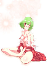 Rule 34 | 1girl, bad id, bad pixiv id, bare legs, bare shoulders, barefoot, between legs, blush, bra, breasts, cleavage, collarbone, collared shirt, crossed legs, floral background, green hair, hand between legs, highres, indian style, kazami yuuka, looking away, medium breasts, non (z-art), own hands together, partially undressed, plaid, plaid skirt, plaid vest, red eyes, shirt, short hair, sitting, skirt, solo, touhou, triangle mouth, underwear, vest, white bra