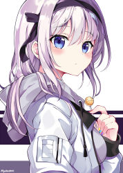 Rule 34 | 1girl, black hairband, blue eyes, blue nails, blush, candy, closed mouth, commentary request, drawstring, food, grey hoodie, hair between eyes, hairband, holding, holding candy, holding food, holding lollipop, hood, hood down, hoodie, jacket, lollipop, long hair, long sleeves, multicolored nails, myuton, nail polish, open clothes, open jacket, original, purple nails, signature, silver hair, sleeves past wrists, solo, upper body, white jacket, yellow nails