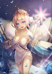 Rule 34 | 1girl, :d, blonde hair, blue eyes, blue flower, blue rose, breasts, cleavage, collarbone, covered navel, cowboy shot, diadem, dress, europa (granblue fantasy), flower, granblue fantasy, hair between eyes, hair flower, hair ornament, highres, looking at viewer, medium breasts, open mouth, outdoors, petals, pink flower, rose, sachi (160332), shiny skin, short dress, short hair, sleeveless, sleeveless dress, smile, solo, standing, strapless, strapless dress, white dress, yellow flower