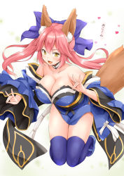 Rule 34 | 10s, 1girl, :d, animal ears, bare shoulders, blue bow, blue thighhighs, bow, breasts, cleavage, commentary request, detached sleeves, double m/, fangs, fate/extra, fate (series), fox ears, fox tail, fujishima shinnosuke, hair bow, heart, japanese clothes, large breasts, long hair, looking at viewer, m/, open mouth, pink hair, smile, solo, tail, tamamo (fate), tamamo no mae (fate/extra), thighhighs, translation request, twintails, yellow eyes