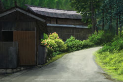 Rule 34 | bad id, bad pixiv id, bush, commentary, day, flower, forest, grass, highres, house, nature, no humans, outdoors, qs2435, road, scenery, tree