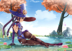 Rule 34 | 1girl, ass, back, black hair, black pantyhose, blue eyes, blue sky, breasts, feet, flower, genshin impact, hat, hydro (genshin impact), joko jmc, legs, leotard, lily (flower), lily pad, long hair, looking at viewer, looking back, medium breasts, mona (genshin impact), pantyhose, pond, purple hat, purple leotard, rock, sky, soles, thighlet, tree, twintails, vision (genshin impact), water, white background, witch hat
