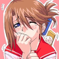 Rule 34 | 00s, 1girl, blue eyes, blush, brown hair, covering own mouth, folded ponytail, komaki manaka, looking at viewer, lowres, one eye closed, portrait, sailor collar, school uniform, solo, tears, to heart (series), to heart 2, upper body, wince