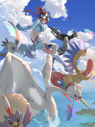 1girl archeops bird blue_eyes blue_gloves blue_sky braviary breasts cloud cloudy_sky creatures_(company) crop_top cropped_jacket day flying game_freak gen_5_pokemon gloves hair_ornament highres large_breasts legendary_pokemon long_hair mandibuzz midriff momdy_(talesshinja) navel nintendo ocean one_side_up open_mouth outdoors pokemon pokemon_(creature) pokemon_bw red_hair reshiram rufflet short_shorts shorts sidelocks sky skyla_(pokemon) smile swanna unfezant unfezant_(female) zekrom