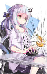 Rule 34 | 1girl, absurdres, alternate costume, alternate hairstyle, anger vein, banana, blunt bangs, bow, breasts, casual, chair, commentary request, crushing, emphasis lines, eyelashes, food, fruit, glass table, green eyes, hair bow, highres, hololive, long hair, loose clothes, loose shirt, mouse (computer), murasaki shion, ninniku mashimashi, parted lips, partial commentary, purple shorts, shaded face, shirt, short sleeves, shorts, side ponytail, silver hair, simple background, sitting, small breasts, solo, striped, striped bow, t-shirt, table, virtual youtuber, white background, white shirt