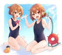 Rule 34 | 2girls, :d, abyssal ship, black one-piece swimsuit, blush, brown eyes, brown hair, collarbone, enemy lifebuoy (kancolle), fang, folded ponytail, hair between eyes, hair ornament, hairclip, holding, holding water gun, hose, ikazuchi (kancolle), inazuma (kancolle), kantai collection, long hair, mitamgr, multiple girls, one-piece swimsuit, open mouth, rubber duck, short hair, sitting, skin fang, smile, swimsuit, wariza, water gun