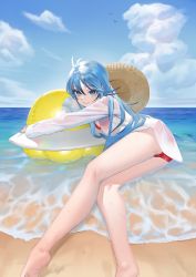 Rule 34 | 1girl, ahoge, barefoot, beach, bikini, bikini under clothes, blue eyes, blue hair, blue sky, closed mouth, cloud, cloudy sky, commentary request, day, denpa onna to seishun otoko, eyelashes, foot out of frame, hat, unworn hat, unworn headwear, inflatable toy, knees together feet apart, legs, long hair, long legs, long sleeves, looking at viewer, lying, mi8pq, on side, red bikini, see-through, shirt, sidelocks, sky, smile, soles, solo, sun hat, swimsuit, swimsuit under clothes, touwa erio, water, wet, wet clothes, wet shirt, white shirt
