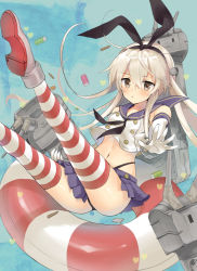 Rule 34 | 10s, 1girl, anchor, bad id, bad pixiv id, barrel, black panties, blonde hair, bullet, drum (container), elbow gloves, gloves, hair ornament, hairband, hayama eishi, heart, innertube, kantai collection, long hair, md5 mismatch, panties, personification, rensouhou-chan, shimakaze (kancolle), striped clothes, striped thighhighs, swim ring, thighhighs, underwear, white gloves