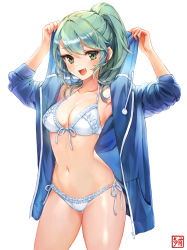 Rule 34 | 1girl, :d, absurdres, armpits, arms up, bikini, blue jacket, breasts, cleavage, collarbone, commentary request, cowboy shot, dabo (parksh5054), drawstring, fang, frilled bikini, frills, front-tie bikini top, front-tie top, green eyes, green hair, halterneck, highres, hood, hooded jacket, jacket, long hair, long sleeves, looking at viewer, md5 mismatch, medium breasts, navel, open clothes, open jacket, open mouth, original, ponytail, resolution mismatch, side-tie bikini bottom, sidelocks, simple background, smile, solo, source larger, standing, stomach, swimsuit, thighs, white background, white bikini