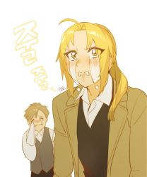 Rule 34 | 2boys, = =, ahoge, alphonse elric, blush, brothers, brown hair, closed mouth, coat, collared shirt, crying, crying with eyes open, edward elric, fangs, fullmetal alchemist, happy, happy tears, highres, long sleeves, male focus, multiple boys, parted bangs, ponytail, seveneightdu, shirt, siblings, simple background, skin fangs, streaming tears, tears, translation request, upper body, vest, white background, wiping tears, yellow eyes