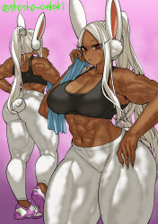 Rule 34 | 1girl, animal ears, ass, biceps, boku no hero academia, breasts, clothing cutout, dark-skinned female, dark skin, highres, large breasts, long eyelashes, mirko, muscular, muscular female, pants, rabbit ears, rabbit girl, rabbit tail, red eyes, shosho oekaki, solo, sports bra, tail, tail through clothes, thick thighs, thighs, toned, twitter username, white hair, yoga pants