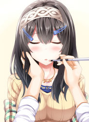 Rule 34 | 10s, 1girl, applying makeup, black hair, blush, breasts, closed eyes, hair ornament, hairband, hairclip, hand on another&#039;s cheek, hand on another&#039;s face, idolmaster, idolmaster cinderella girls, jewelry, lipgloss, long hair, makeup, makeup brush, necklace, oga raito, sagisawa fumika, solo focus
