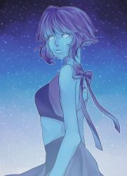 Rule 34 | 1girl, blue hair, blue skin, colored skin, crying, dress, eyelashes, highres, lapis lazuli (steven universe), night, outdoors, sky, solo, standing, star (sky), starry sky, steven universe, streaming tears, tears