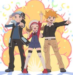 Rule 34 | 1girl, 2boys, alternate color, blue oak, brown eyes, brown hair, coat, creatures (company), explosion, flame print, game freak, highres, jacket, jewelry, low twintails, lyra (pokemon), multiple boys, necklace, nintendo, overalls, pointing, pointing up, pokemon, pokemon hgss, pokemon masters ex, pumpkinpan, red (pokemon), red (sygna suit) (pokemon), sleeveless, sleeveless coat, smile, spiked hair, twintails