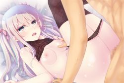 Rule 34 | 1boy, 1girl, :o, artist request, black panties, black shirt, black thighhighs, grabbing another&#039;s breast, breasts, censored, clothes pull, cyrtanthus (flower knight girl), flower knight girl, game cg, grabbing, green eyes, hetero, legs up, long hair, missionary, mosaic censoring, nipples, official art, pale skin, panties, panties around leg, penis, sex, shiny skin, shirt, shirt pull, solo focus, thighhighs, two side up, underwear, vaginal, white hair