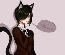 Rule 34 | 1girl, animal ears, black gloves, black hair, blue eyes, blush, bow, brown coat, brown jacket, cat ears, cat girl, cat tail, closed mouth, coat, collared shirt, danganronpa: trigger happy havoc, danganronpa (series), english text, female focus, freckles, gloves, hair over one eye, heart, highres, ikusaba mukuro, jacket, medium hair, meowing, bowtie, neck ribbon, red bow, red ribbon, ribbon, shirt, simple background, sketcchy, sketch, smile, solo, solo focus, speech bubble, standing, tail, upper body, white background, white shirt