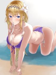 Rule 34 | 1girl, all fours, ass, bare shoulders, bikini, blonde hair, blue eyes, breasts, cleavage, flower, full body, granblue fantasy, hair flower, hair ornament, hairband, jeanne d&#039;arc (granblue fantasy), large breasts, long hair, looking at viewer, mouth hold, numaguro (tomokun0808), partially submerged, purple bikini, side-tie bikini bottom, solo, swimsuit, water