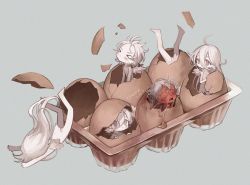 Rule 34 | 2girls, 4others, ahoge, animal ears, artist name, bird ears, bird girl, bird tail, bird wings, blush, chibi, colored skin, egg carton, eggshell, closed eyes, falling, feathered wings, feathers, grey background, hatching, holding, ishida umi, long hair, looking at another, looking at viewer, messy hair, multiple girls, multiple others, open mouth, original, outstretched arms, pointy ears, red skin, sharp teeth, short hair, simple background, tail, teeth, upside-down, very long hair, watermark, white hair, white skin, wings