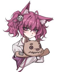 Rule 34 | 1girl, ahoge, animal ear fluff, animal ears, arknights, collared shirt, fox ears, fox girl, hair between eyes, highres, holding, holding stuffed toy, long hair, looking at viewer, morte (arknights), petra (jgc845601), pink eyes, pink hair, shamare (arknights), shirt, simple background, solo, stuffed toy, twintails, upper body, white background, white shirt